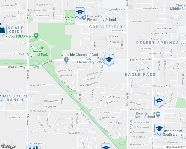 map of restaurants, bars, coffee shops, grocery stores, and more near 7811 West Solano Drive in Glendale
