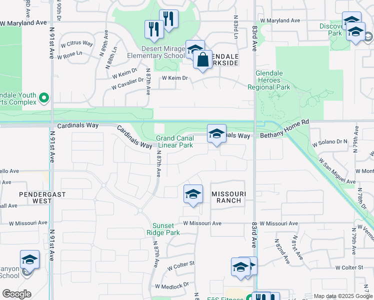 map of restaurants, bars, coffee shops, grocery stores, and more near West Bethany Home Road in Glendale