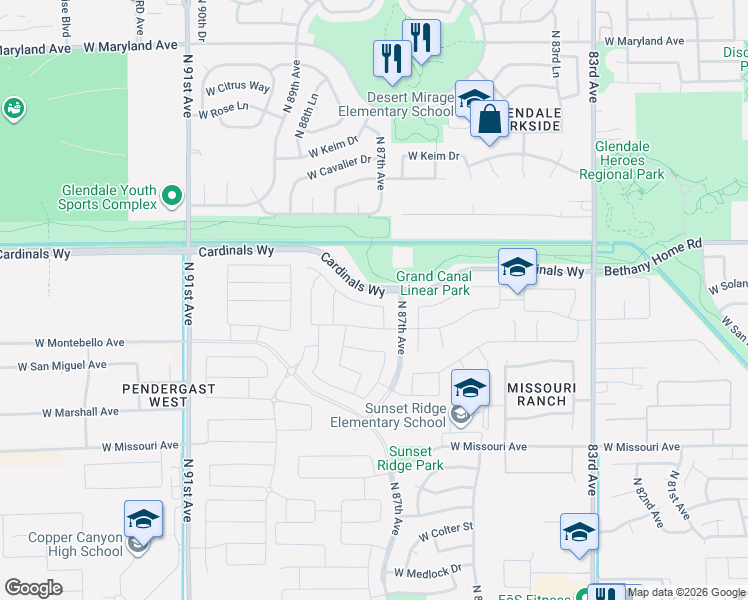 map of restaurants, bars, coffee shops, grocery stores, and more near 8638 West Palo Verde Drive in Glendale