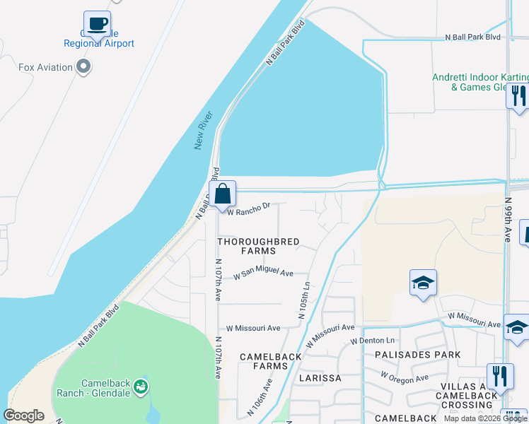 map of restaurants, bars, coffee shops, grocery stores, and more near 10612 West Rancho Drive in Glendale