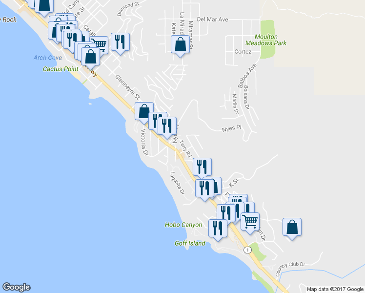 map of restaurants, bars, coffee shops, grocery stores, and more near 2808 Rounsevel Terrace in Laguna Beach