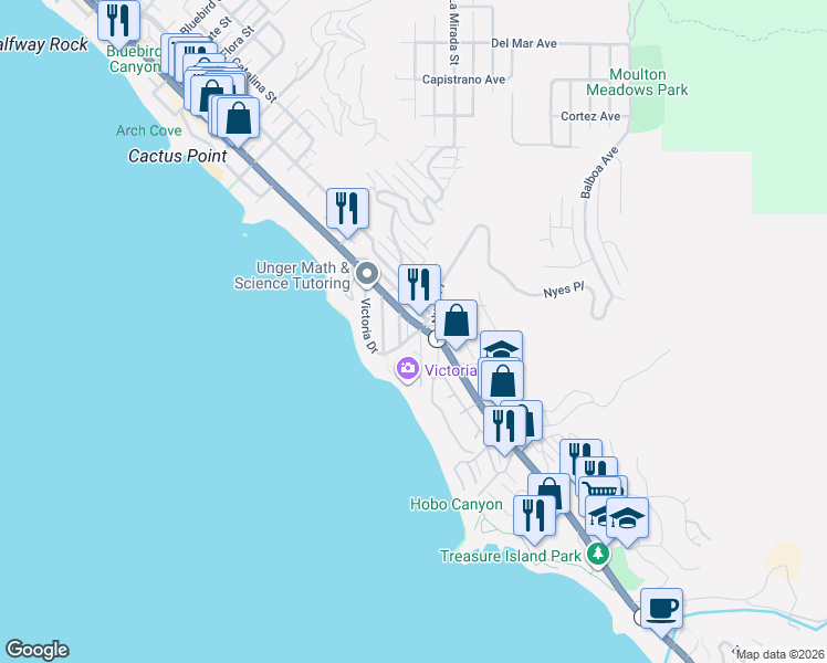 map of restaurants, bars, coffee shops, grocery stores, and more near 2770 Highland Way in Laguna Beach