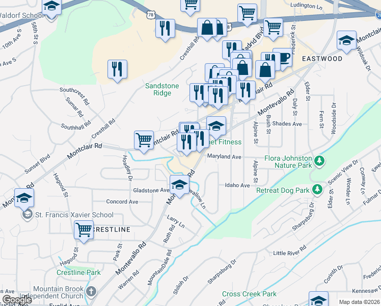 map of restaurants, bars, coffee shops, grocery stores, and more near 4500 Montevallo Road in Birmingham