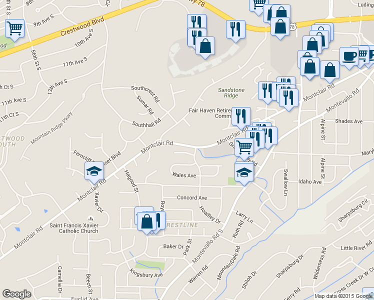 map of restaurants, bars, coffee shops, grocery stores, and more near 1244 Montclair Road in Birmingham