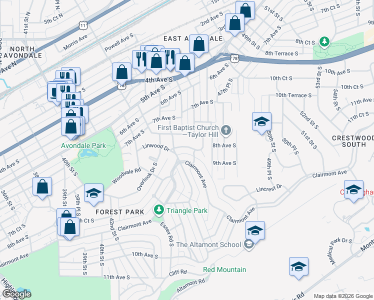 map of restaurants, bars, coffee shops, grocery stores, and more near 4529 Linpark Drive in Birmingham
