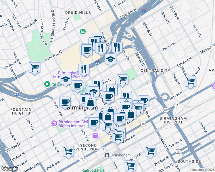 map of restaurants, bars, coffee shops, grocery stores, and more near 2200 Park Place in Birmingham