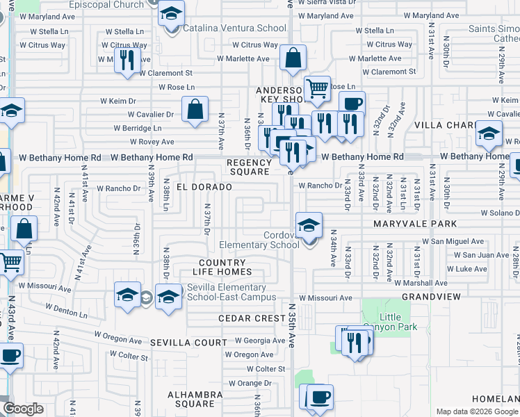 map of restaurants, bars, coffee shops, grocery stores, and more near 5808 North 35th Drive in Phoenix