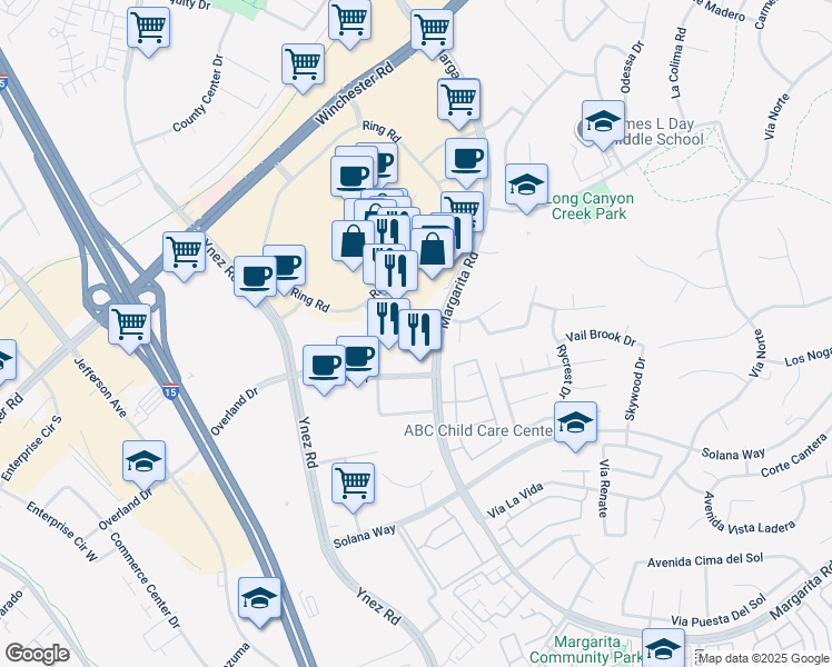 map of restaurants, bars, coffee shops, grocery stores, and more near 41607 Margarita Road in Temecula