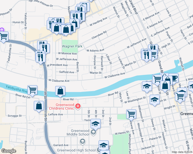 map of restaurants, bars, coffee shops, grocery stores, and more near 806 Martin Street in Greenwood
