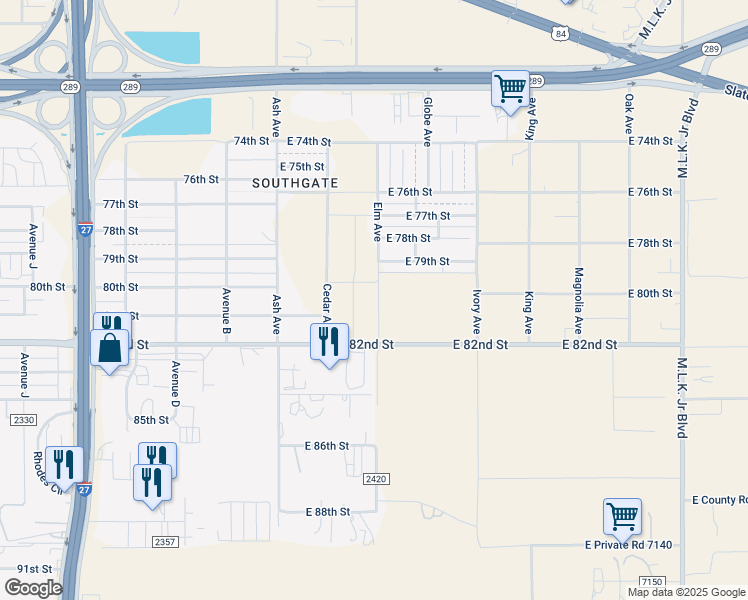 map of restaurants, bars, coffee shops, grocery stores, and more near 7602 Elm Ave in Lubbock