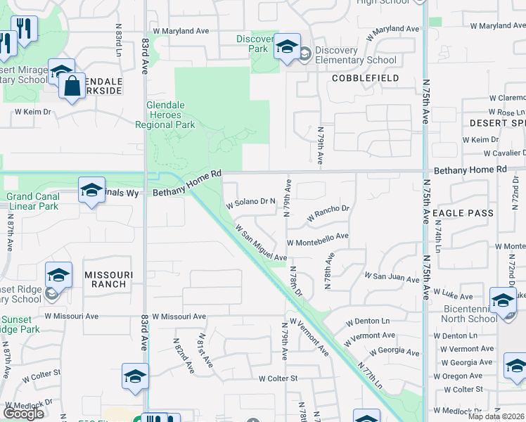 map of restaurants, bars, coffee shops, grocery stores, and more near 7962 West Solano Drive in Glendale