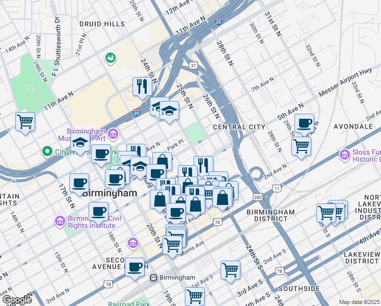 map of restaurants, bars, coffee shops, grocery stores, and more near in Birmingham