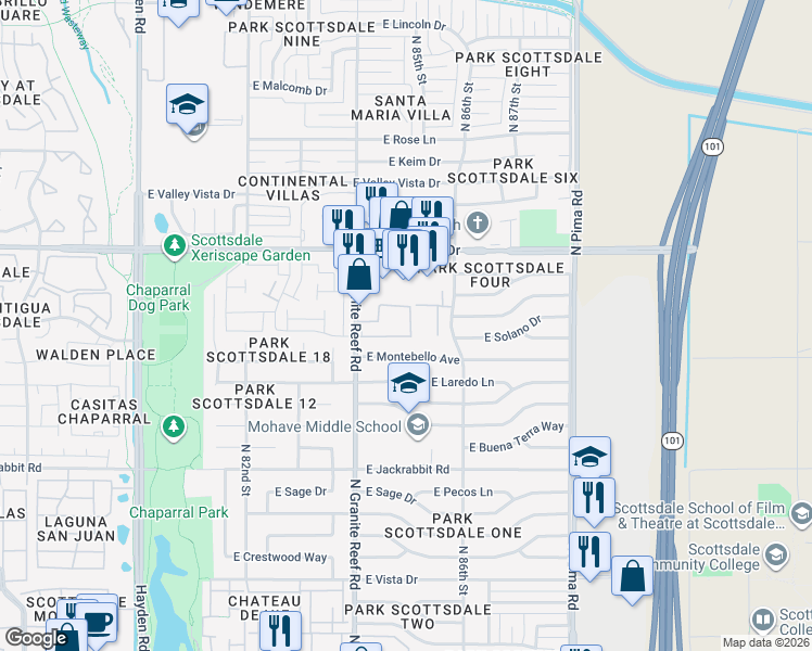 map of restaurants, bars, coffee shops, grocery stores, and more near 5877 North Granite Reef Road in Scottsdale