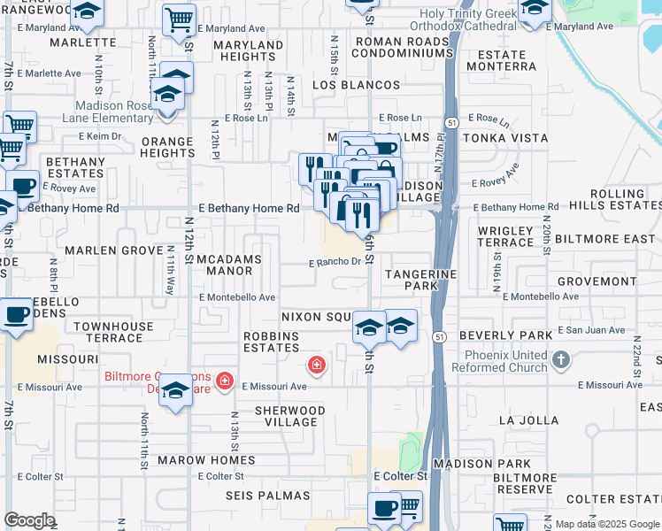 map of restaurants, bars, coffee shops, grocery stores, and more near 5906 North 15th Street in Phoenix