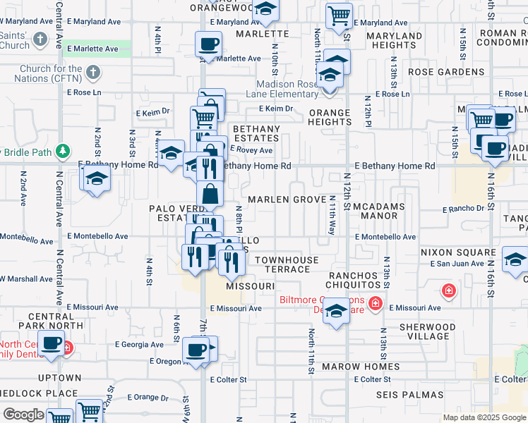 map of restaurants, bars, coffee shops, grocery stores, and more near 5750 North 10th Street in Phoenix
