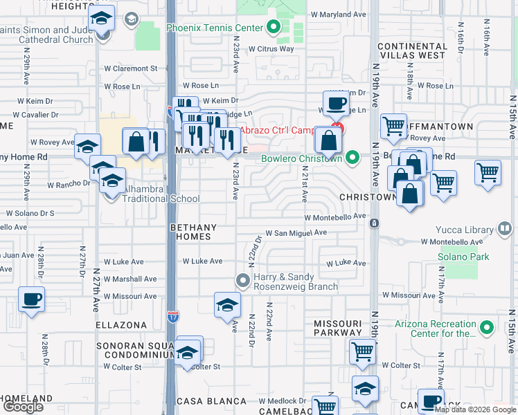 map of restaurants, bars, coffee shops, grocery stores, and more near 2218 West Rancho Drive in Phoenix