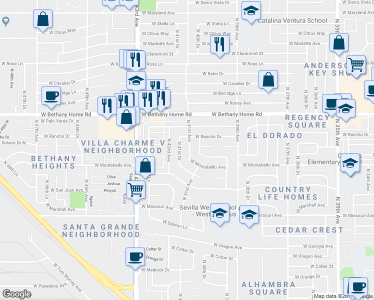 map of restaurants, bars, coffee shops, grocery stores, and more near 5751 North 41st Drive in Phoenix