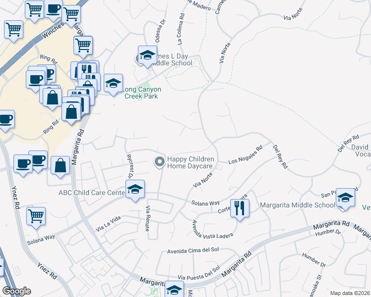 map of restaurants, bars, coffee shops, grocery stores, and more near 41176 Vía Cielito in Temecula