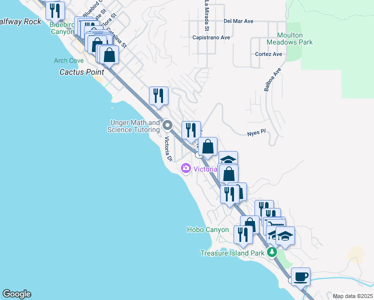map of restaurants, bars, coffee shops, grocery stores, and more near 2770 Highland Way in Laguna Beach