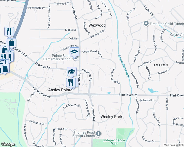 map of restaurants, bars, coffee shops, grocery stores, and more near 8600 Thomas Road in Riverdale
