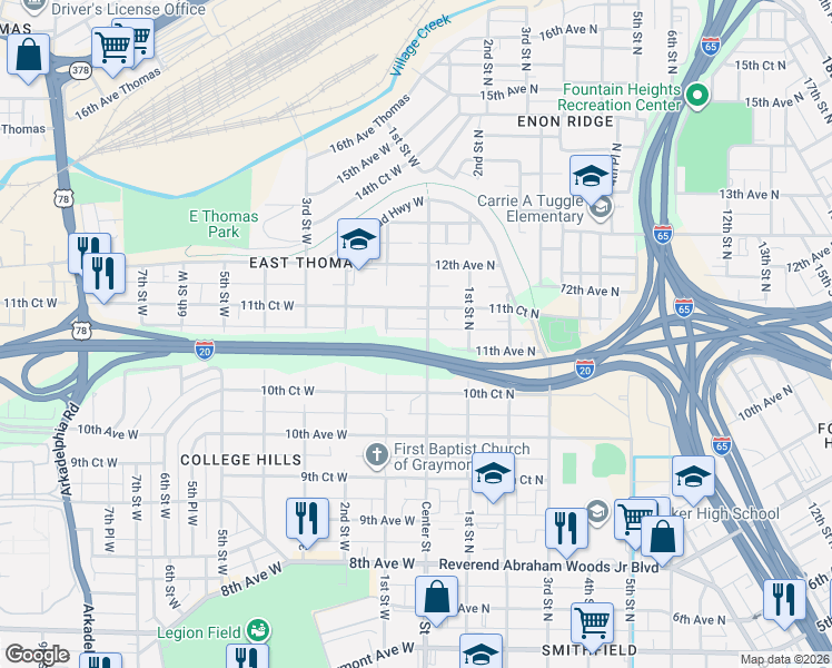 map of restaurants, bars, coffee shops, grocery stores, and more near 1130 Center Street in Birmingham