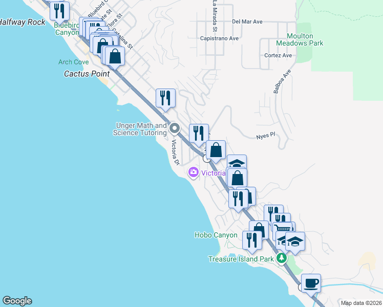 map of restaurants, bars, coffee shops, grocery stores, and more near 155 McAulay Place in Laguna Beach