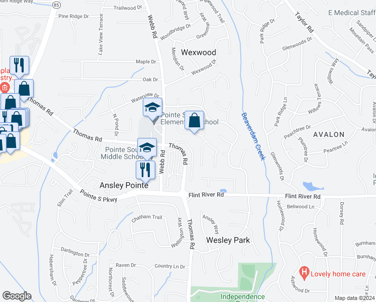 map of restaurants, bars, coffee shops, grocery stores, and more near 8600 Thomas Road in Riverdale