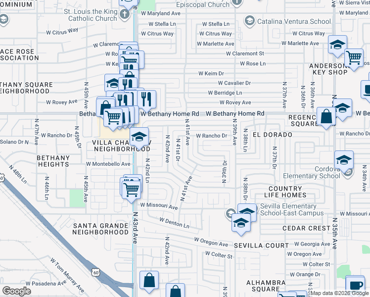 map of restaurants, bars, coffee shops, grocery stores, and more near 5751 North 41st Drive in Phoenix