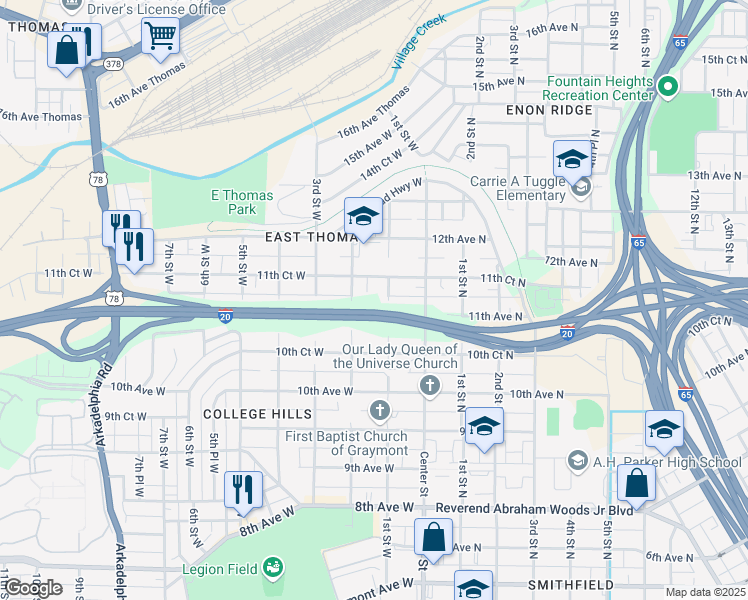 map of restaurants, bars, coffee shops, grocery stores, and more near 103 11th Ct W in Birmingham