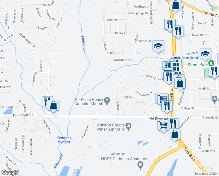 map of restaurants, bars, coffee shops, grocery stores, and more near 554 Maggie Lane in Jonesboro