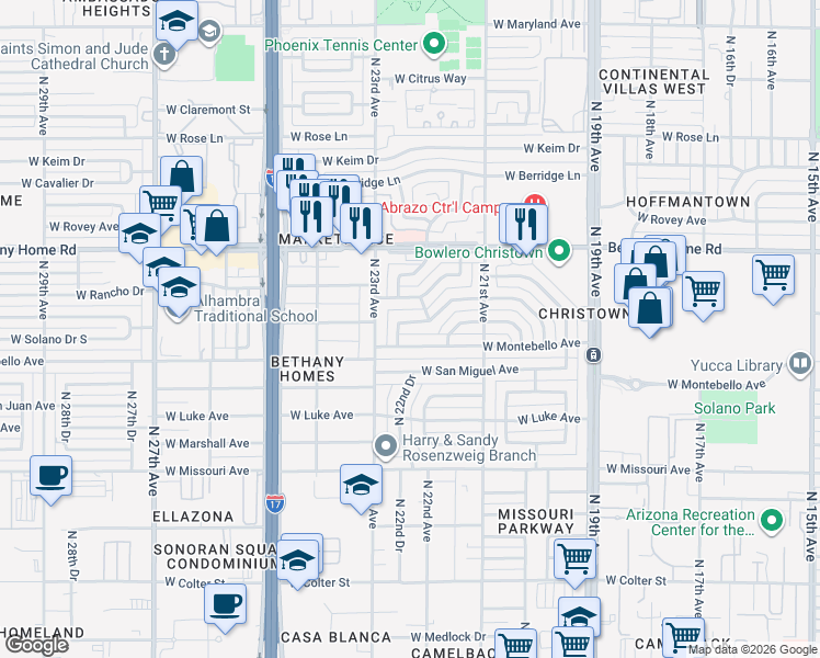 map of restaurants, bars, coffee shops, grocery stores, and more near 2218 West Rancho Drive in Phoenix