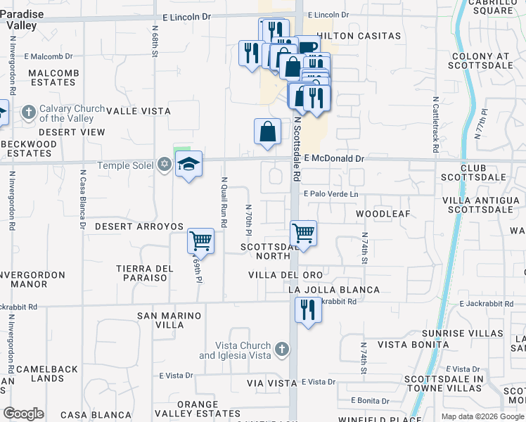 map of restaurants, bars, coffee shops, grocery stores, and more near 5833 North 70th Place in Paradise Valley
