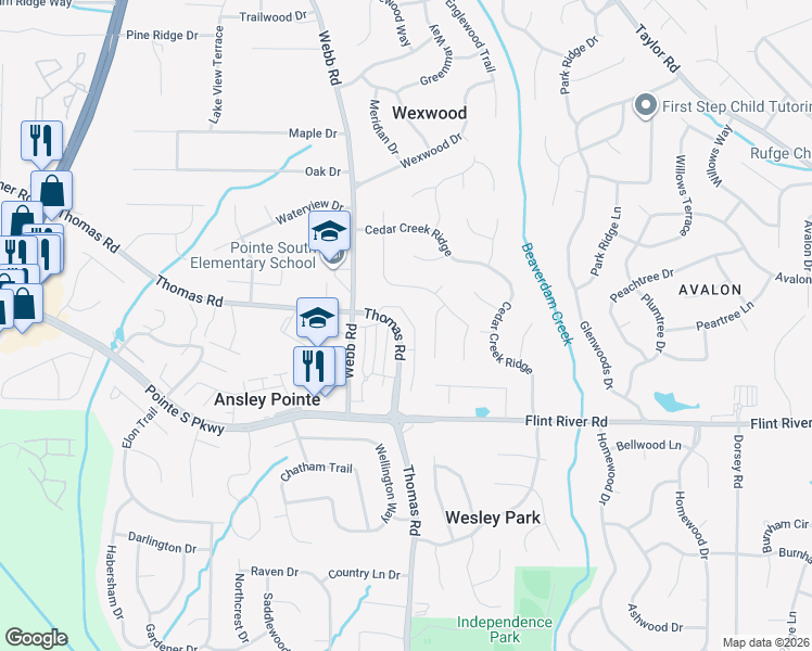 map of restaurants, bars, coffee shops, grocery stores, and more near 8565 Glendevon Court in Riverdale