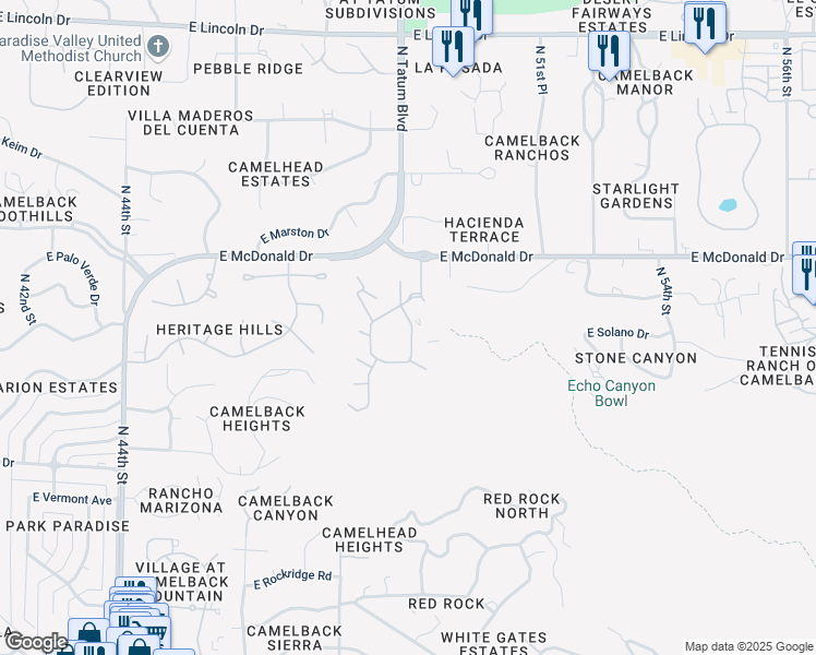 map of restaurants, bars, coffee shops, grocery stores, and more near 4925 East McDonald Drive in Phoenix