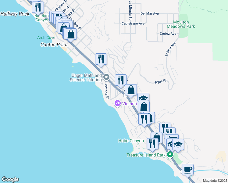 map of restaurants, bars, coffee shops, grocery stores, and more near 160 McAulay Place in Laguna Beach