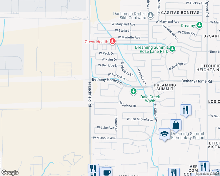 map of restaurants, bars, coffee shops, grocery stores, and more near 13724 Marissa Drive in Litchfield Park