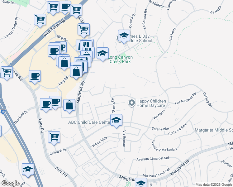 map of restaurants, bars, coffee shops, grocery stores, and more near 29726 Vail Brook Drive in Temecula