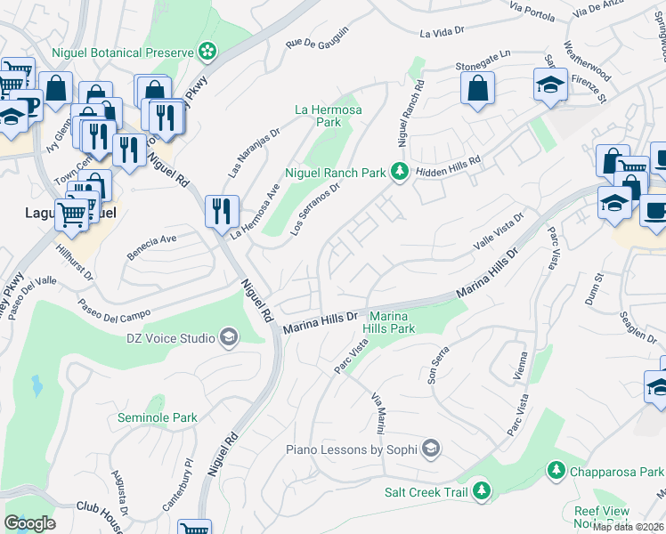 map of restaurants, bars, coffee shops, grocery stores, and more near 24676 Sutton Lane in Laguna Niguel