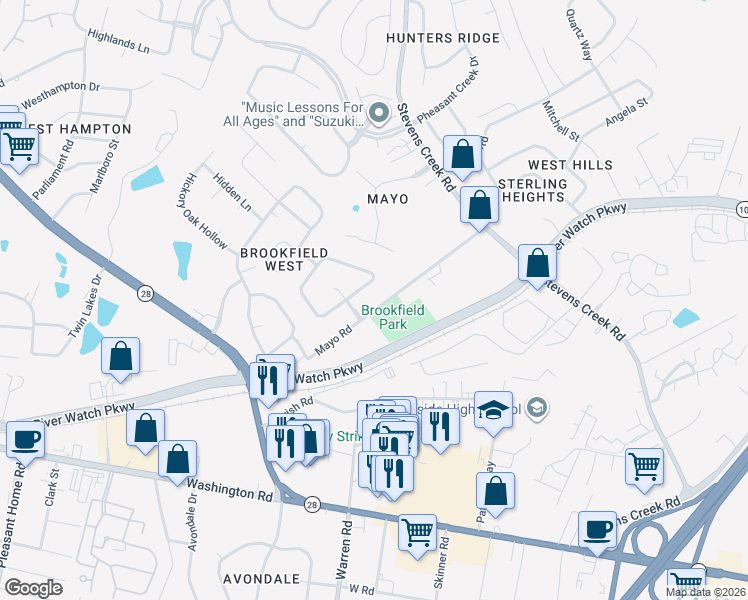 map of restaurants, bars, coffee shops, grocery stores, and more near 2735 Mayo Road in Augusta