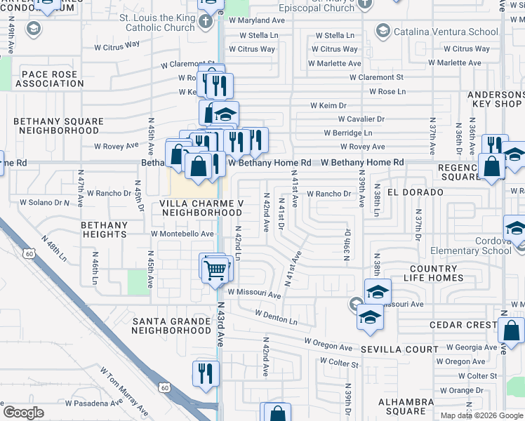 map of restaurants, bars, coffee shops, grocery stores, and more near 5752 North 42nd Avenue in Phoenix