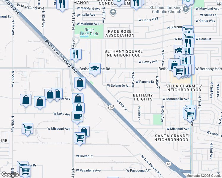 map of restaurants, bars, coffee shops, grocery stores, and more near 4844 West Solano Drive North in Glendale