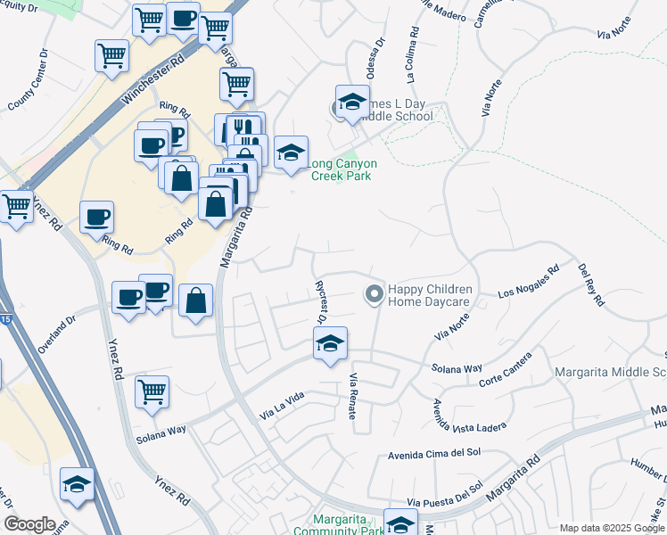 map of restaurants, bars, coffee shops, grocery stores, and more near 29729 Windwood Circle in Temecula