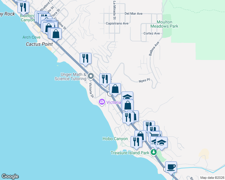 map of restaurants, bars, coffee shops, grocery stores, and more near 2770 Highland Way in Laguna Beach