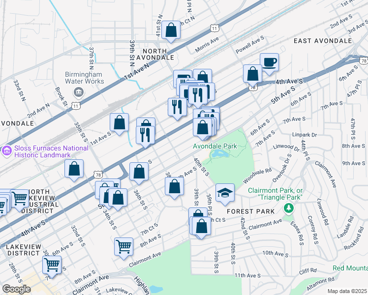 map of restaurants, bars, coffee shops, grocery stores, and more near 3924 4th Avenue South in Birmingham