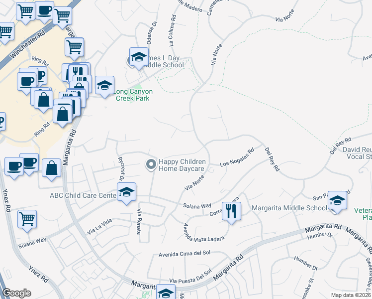 map of restaurants, bars, coffee shops, grocery stores, and more near 29730 Del Rey Road in Temecula