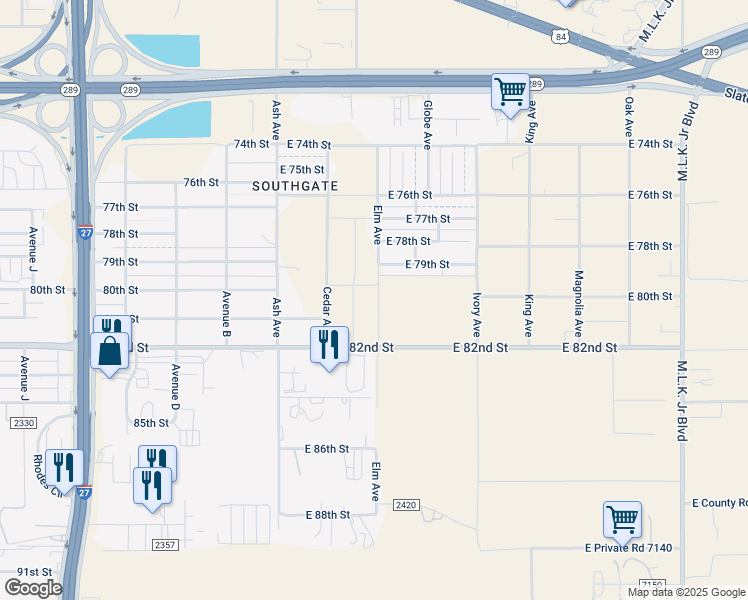 map of restaurants, bars, coffee shops, grocery stores, and more near 7602 Elm Ave in Lubbock
