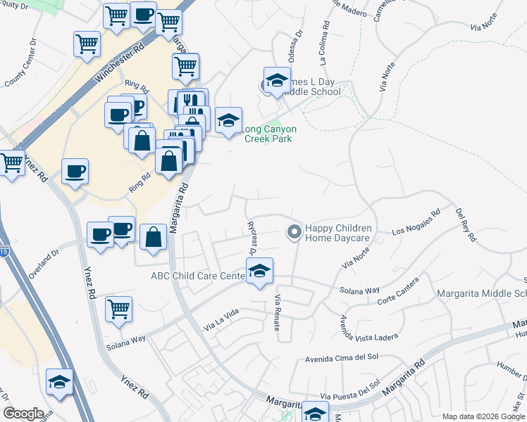 map of restaurants, bars, coffee shops, grocery stores, and more near 29738 Vail Brook Drive in Temecula