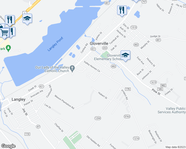 map of restaurants, bars, coffee shops, grocery stores, and more near 499 Lawana Drive in Gloverville