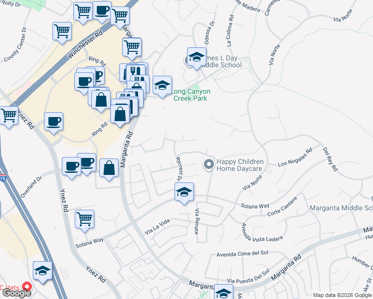 map of restaurants, bars, coffee shops, grocery stores, and more near 29738 Vail Brook Drive in Temecula