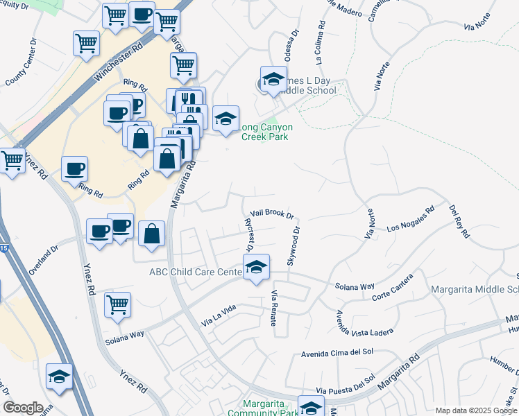 map of restaurants, bars, coffee shops, grocery stores, and more near 29729 Windwood Circle in Temecula